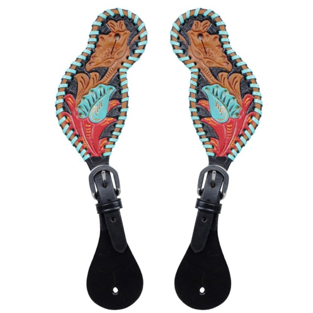 Myra Bag Hand-Tooled Leather Spur Straps Turquoise Buckstitch Floral NWT
